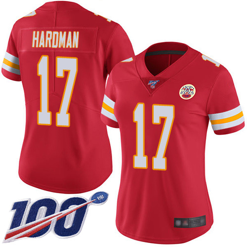 Women Kansas City Chiefs #17 Hardman Mecole Red Team Color Vapor Untouchable Limited Player 100th Season Football Nike NFL Jersey->women nfl jersey->Women Jersey